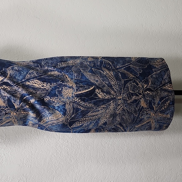 Ralph Lauren Blue w/Tan Floral & Tribal Design Scarf Neck Bodycon Dress Sz. M - Picture 8 of 13